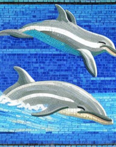 A mosaic of a dolphin swimming in the marine ocean inspired by Charles Ginner