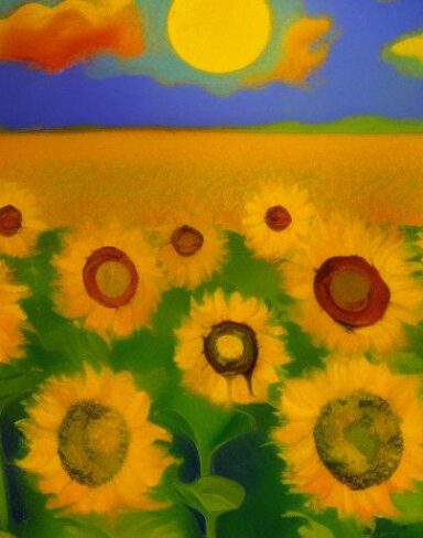 A oil painting of sunflowers in the field