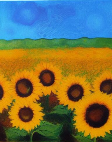 A oil painting of sunflowers in the field