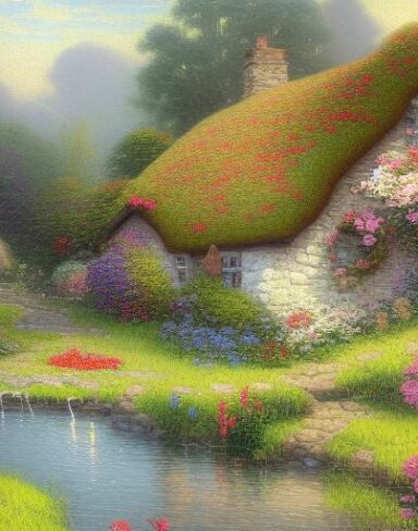 A painting of a cottage near a river with many flowers