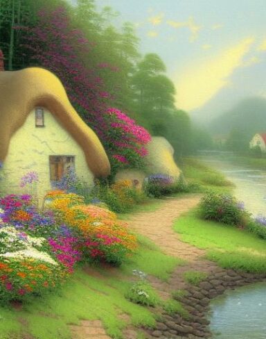 A painting of a cottage near a river with many flowers