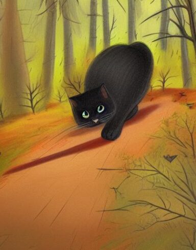 A painting of a giant black cat running in the autumn forest after a mouse