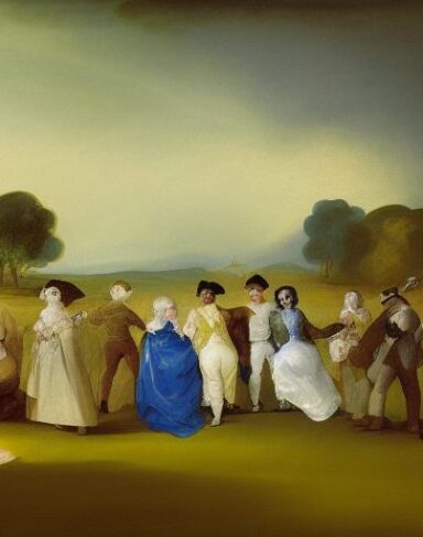 A painting of a group of couples having fun on the green land