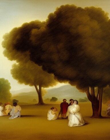 A painting of a group of people in a field with trees by Francisco de Holanda