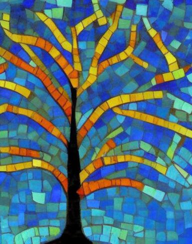 A painting of a tree with a sky