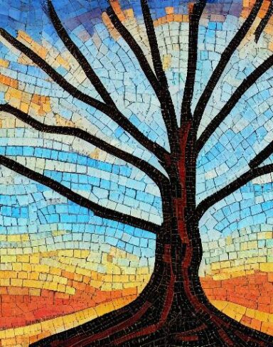 A painting of a tree with a sky in the background