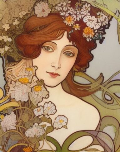 A painting of a woman with flowers in her brown hair