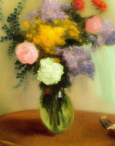 A painting of flowers in a vase on a table