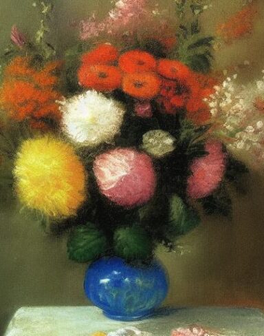 A painting of flowers in a vase on a table