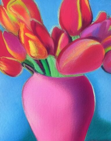 A painting of pink flowers in a vase