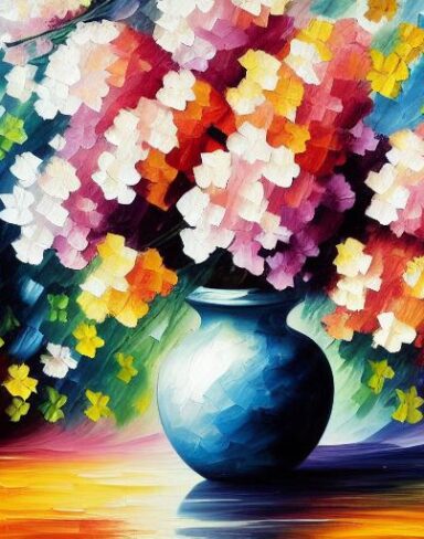 A painting of pink flowers in a vase on a table