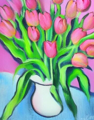 A painting of pink tulips in a vase