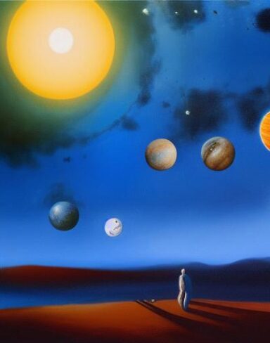 A painting of planets in the space and night sky