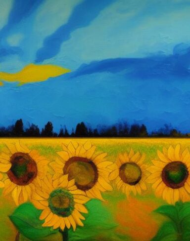 A painting of sunflowers in a field