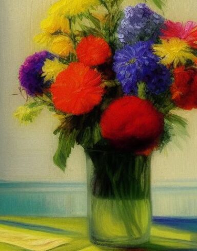 A painting of vibrant flowers in a vase on the table