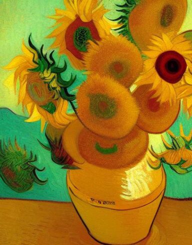 A painting of yellow sunflowers