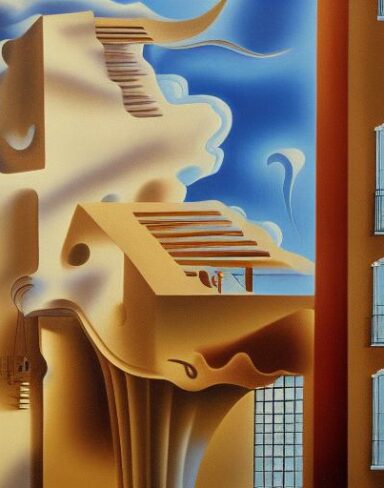 A painting on the side of a building in the sky