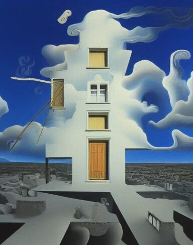 A painting on the side of a building in the sky