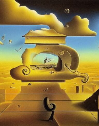 A painting on the side of a building in the sky