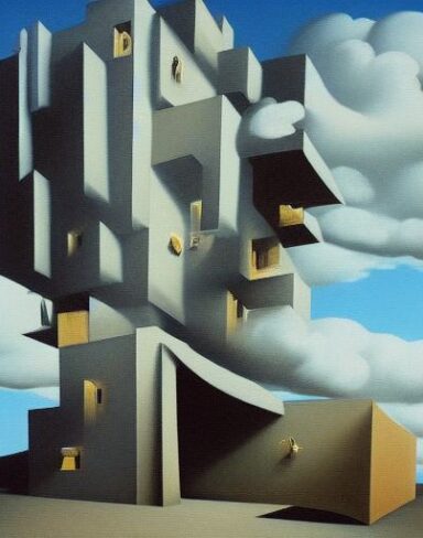 A painting on the side of a building with doors in the sky