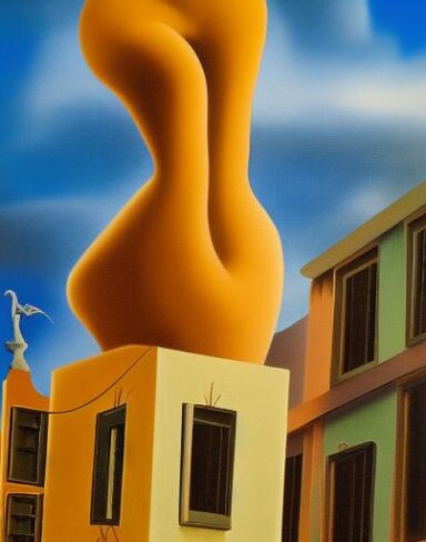 A painting on the side of a building with sculptures and sky