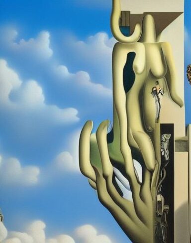 A painting on the side of a building with sculptures and sky