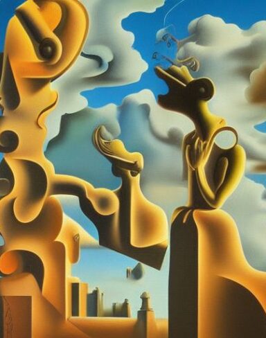 A painting on the side of a building with sculptures and sky