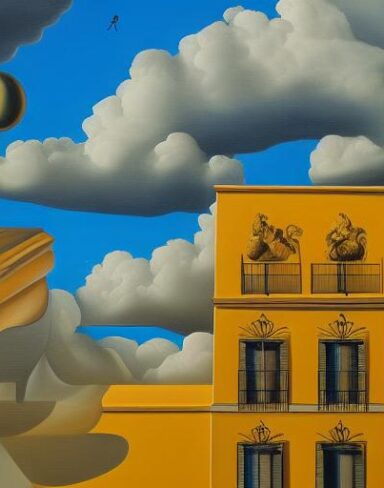 A painting on the side of a building with sculptures and sky