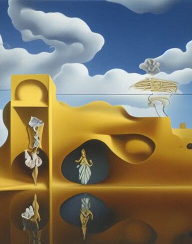 A painting on the side of a building with sculptures and sky