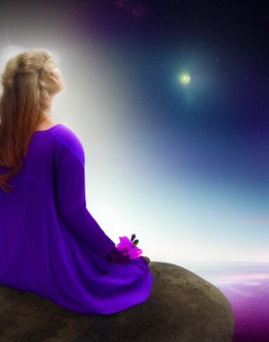 A panoramic shot painting of a woman sitting on a rock in space