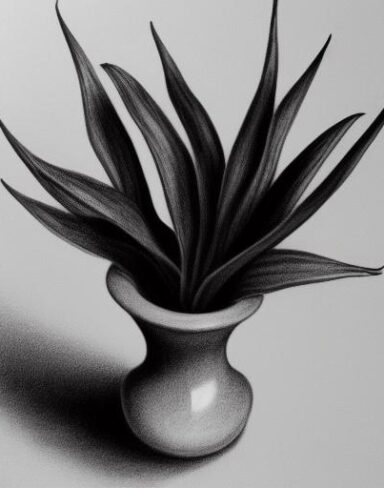 A pencil drawing of a plant in vase