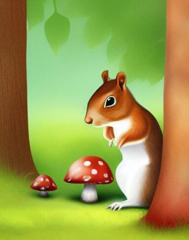 A squirrel standing near a mushroom