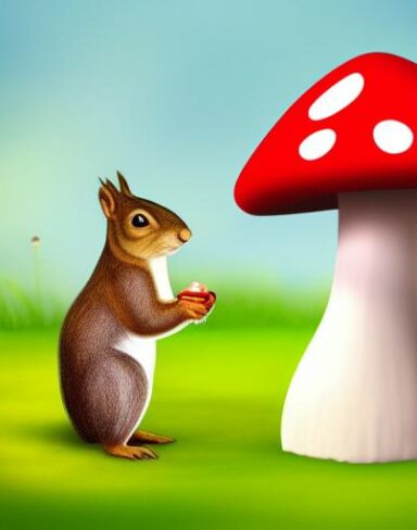 A squirrel standing near a mushroom