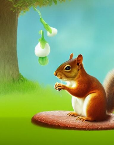 A squirrel standing near a mushroom