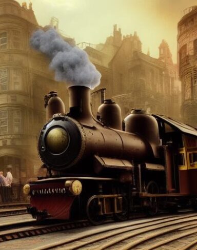 A steam engine train traveling through a city