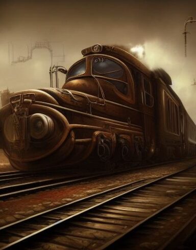 A steampunk painting of a train on a train track