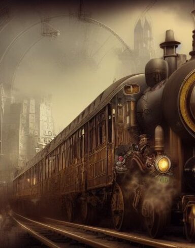 A steampunk train traveling through a city