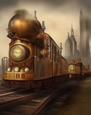 A steampunk train traveling through a city