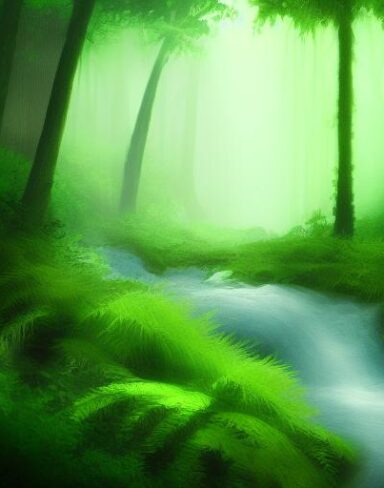 A stream running through green forest with trees