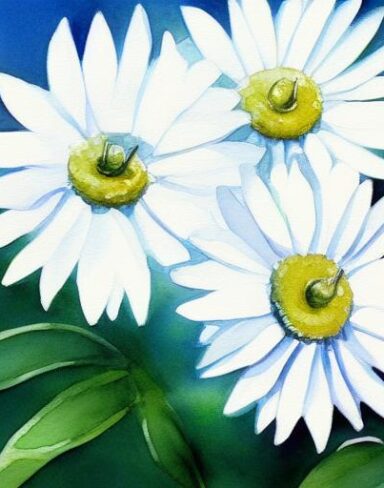 A watercolor painting of some white daisies