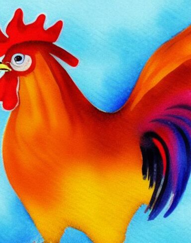 A watercolor painting of the rooster