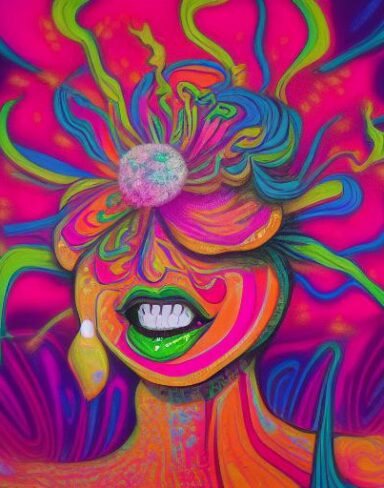 A woman with a laughing flower in her hand is depicted in a psychedelic art style. The painting has an ultra wide-angle perspective
