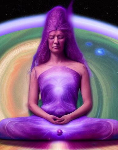 An aerial view painting of a woman sitting on a massive psychedelic rock in space