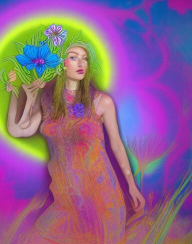 An ultra-realistic aerial view painting of a woman standing in a field of flowers. The woman is a psychedelic elf