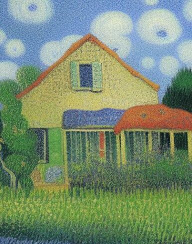 Art painting of a house in a garden