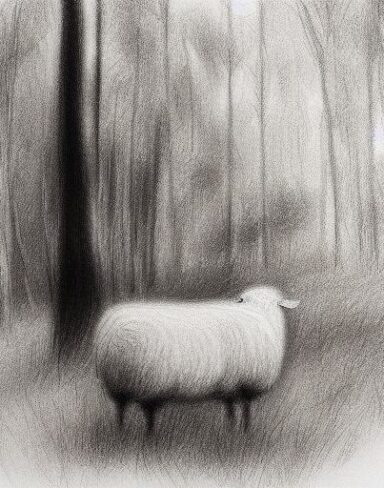 Black and white drawing of sheep and a forest