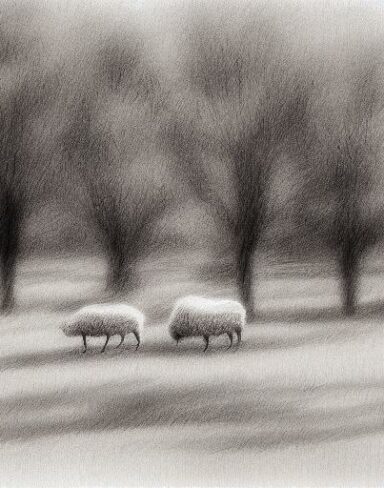 Black and white drawing of sheep and trees