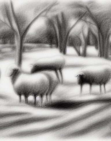 Black and white drawing of sheep and trees