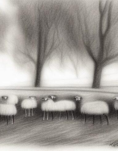 Black and white drawing of sheep and trees in rural