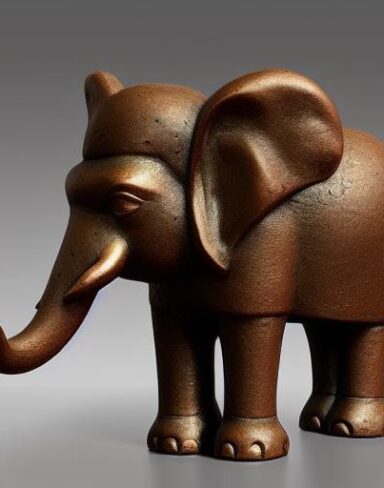 Bronze elephant and a rock statue